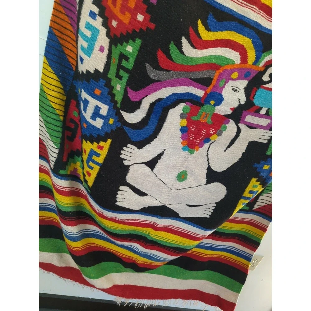 VINTAGE‎ 1960'S HAND WOVEN MEXICO MULTICOLOR WOOL BLANKET